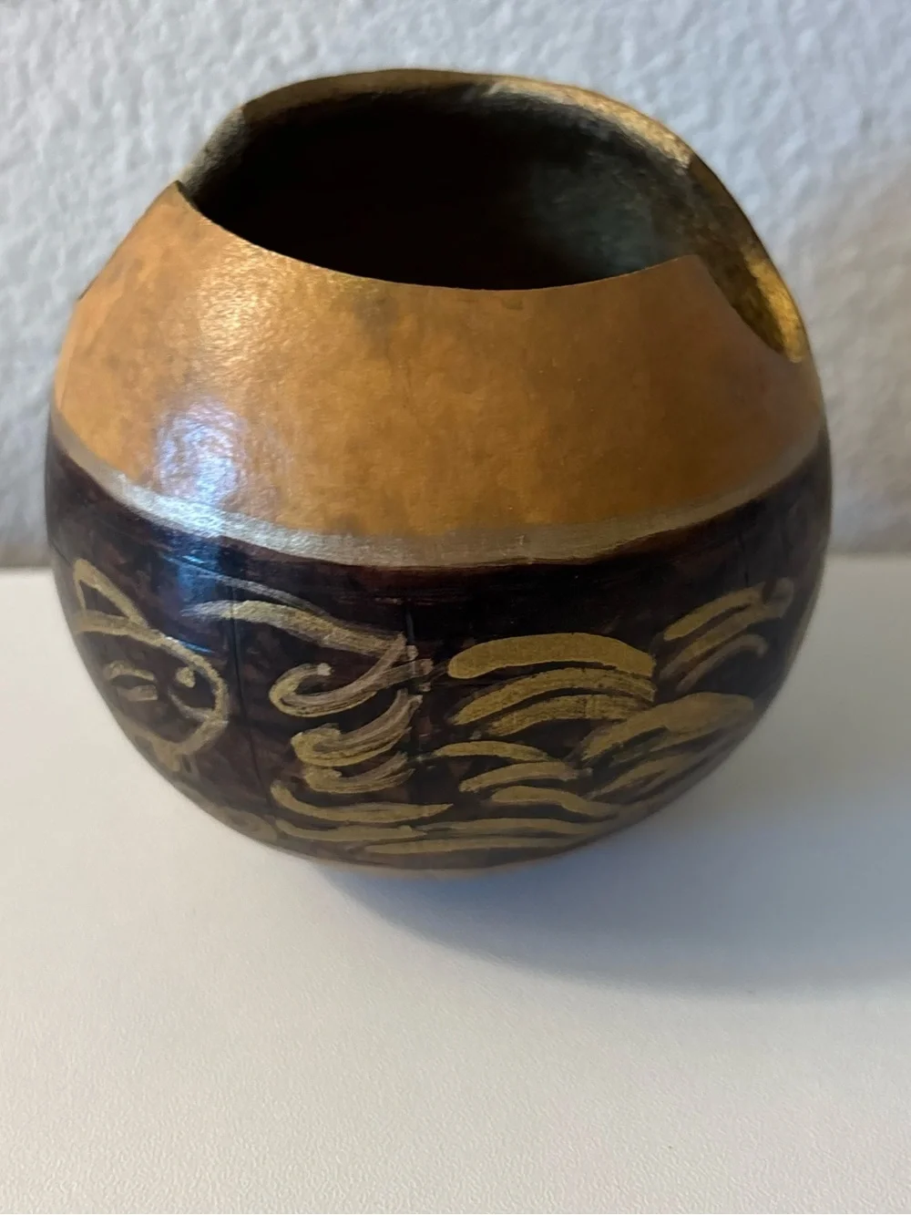 Hand‑Carved Decorative Gourd Bowl • Folk Art • Rustic Boho Home Decor